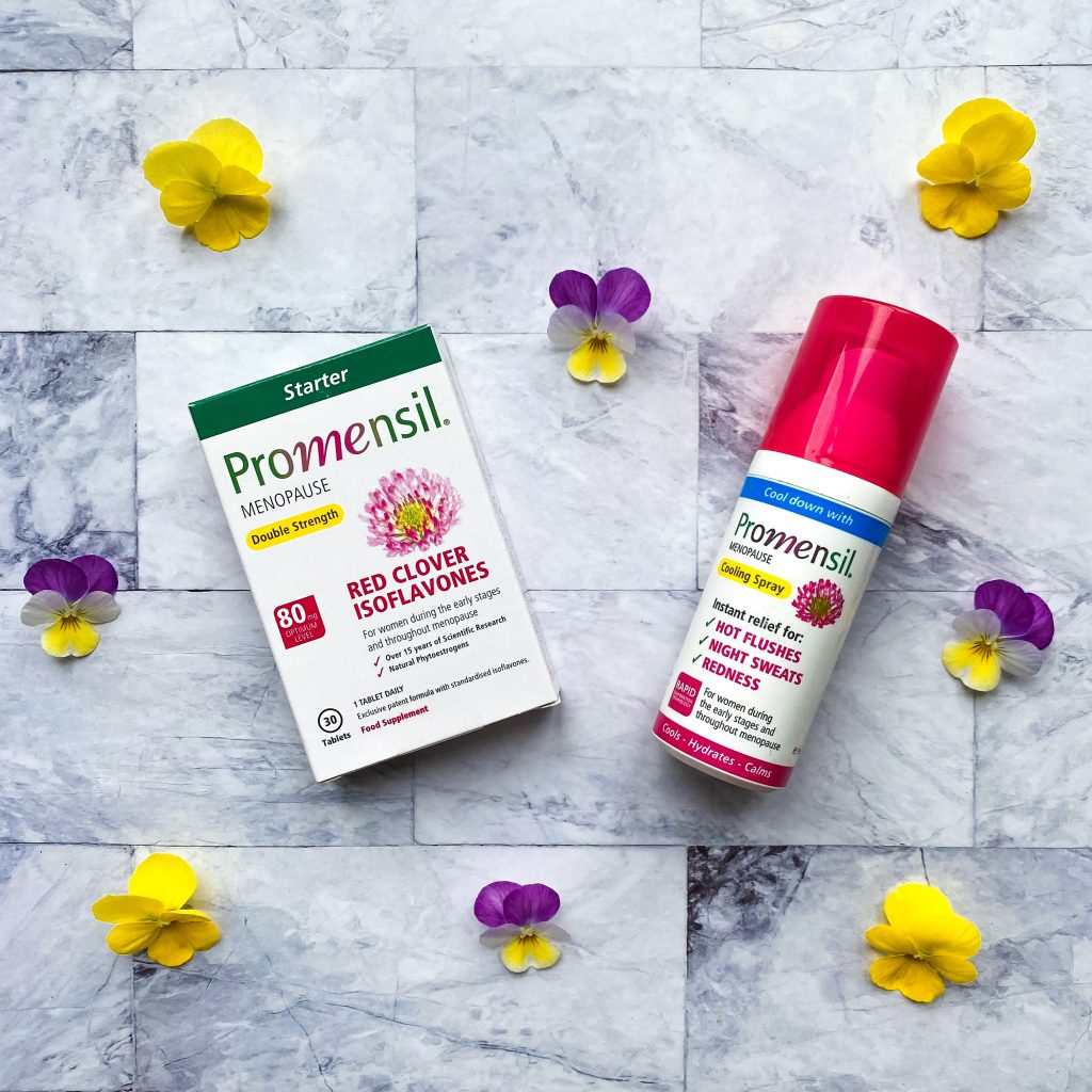 natural supplements and cooling spray products on marble surface