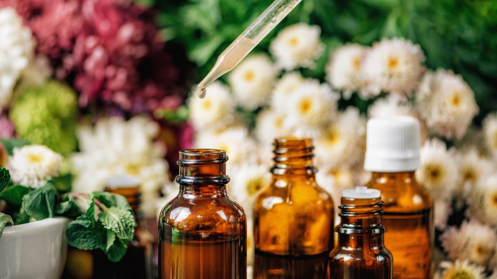 essential oils in amber bottles