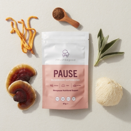 A packet of itmushbegood's PAUSE superblend surrounded by its ingredients